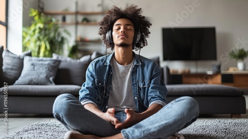 A person sitting in their living room, wearing headphones, and closing their eyes while listening to their favorite song. photo