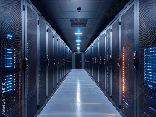 Data center with multiple rows of fully operational server racks cloud computing