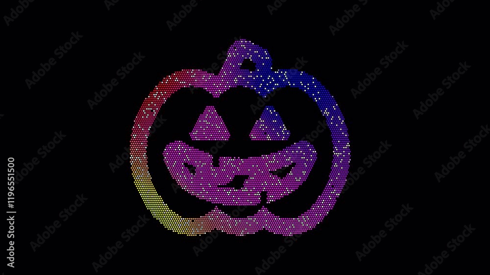 Icon jack o lantern is made up of LED square shapes that shimmer and flicker. There are black dead diodes. In-Out looped. Alpha BW at the end Icon jack o lantern is made up of LED square shapes that shimmer and flicker. There are black dead diodes. In-Out looped. Alpha BW at the end