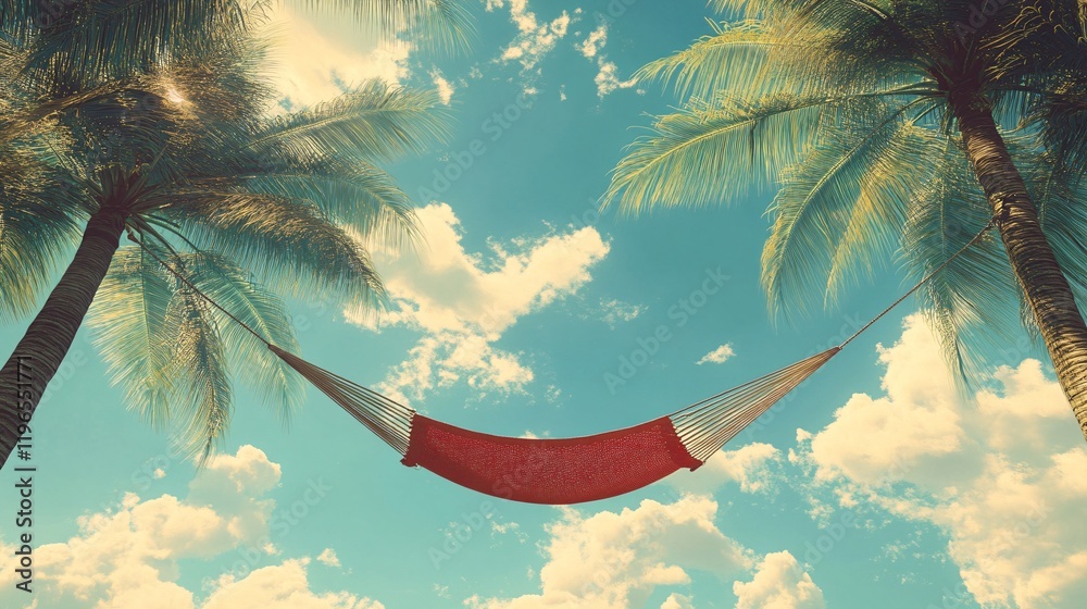 Fototapeta premium Relaxing in a hammock under palm trees tropical paradise outdoor scenic view leisure concept
