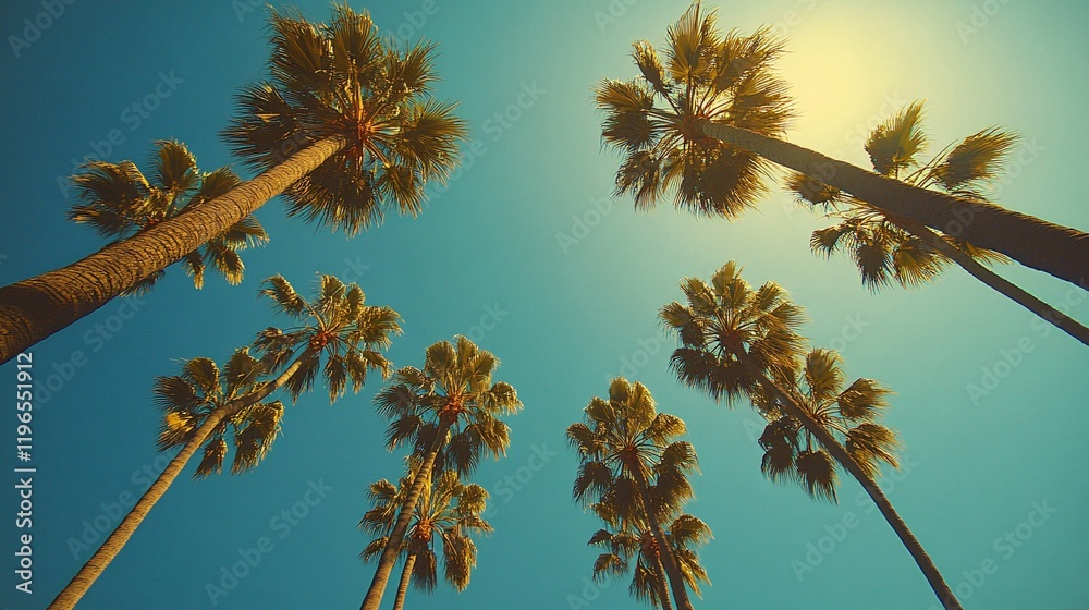 Palm trees reaching for the sun tropical paradise nature photography clear sky upward view Palm trees reaching for the sun tropical paradise nature photography clear sky upward view