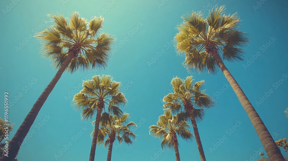 Obraz premium Palm trees swaying in the breeze tropical paradise nature scene sunny day low angle view