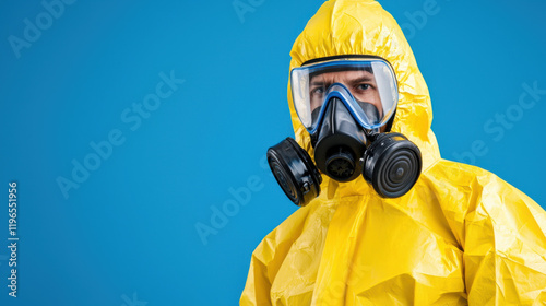 person in yellow hazmat suit with respirator against blue background photo