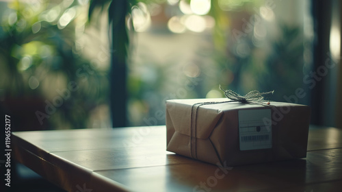  Close-up of Neatly Wrapped Gift Box with Visible Return Label on Minimalist Table, Featuring Elegant Ribbon and Clean Packaging, Perfect for Holiday Returns, Online Shopping, and Modern Gift Presenta