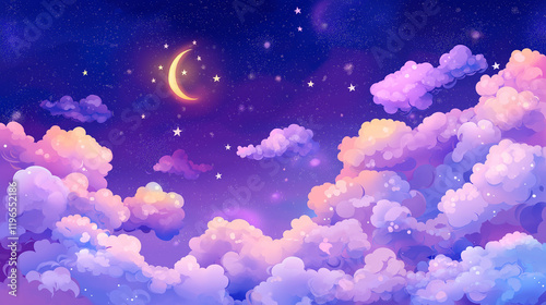 A Dreamy Night Sky with Pastel Clouds and a Crescent Moon