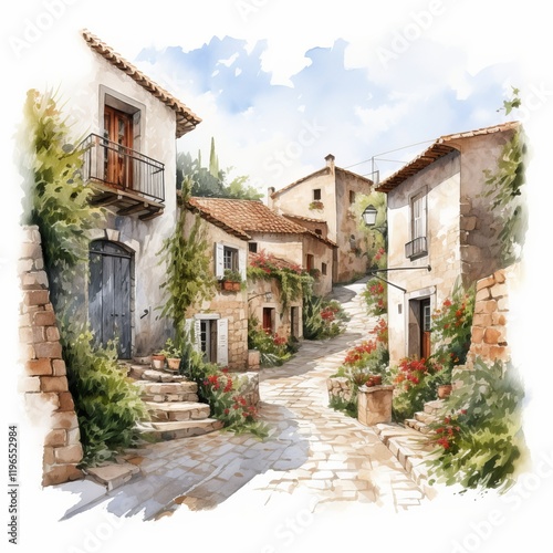 A delightful watercolor depiction of a medieval village street on a sunny summer day. Half-timbered houses with red tiled roofs line the cobblestone path, adorned with potted flowers and greenery