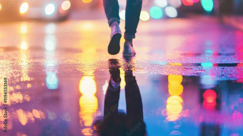 Fototapeta premium Urban night walk: colorful reflection of pedestrian in rainy street