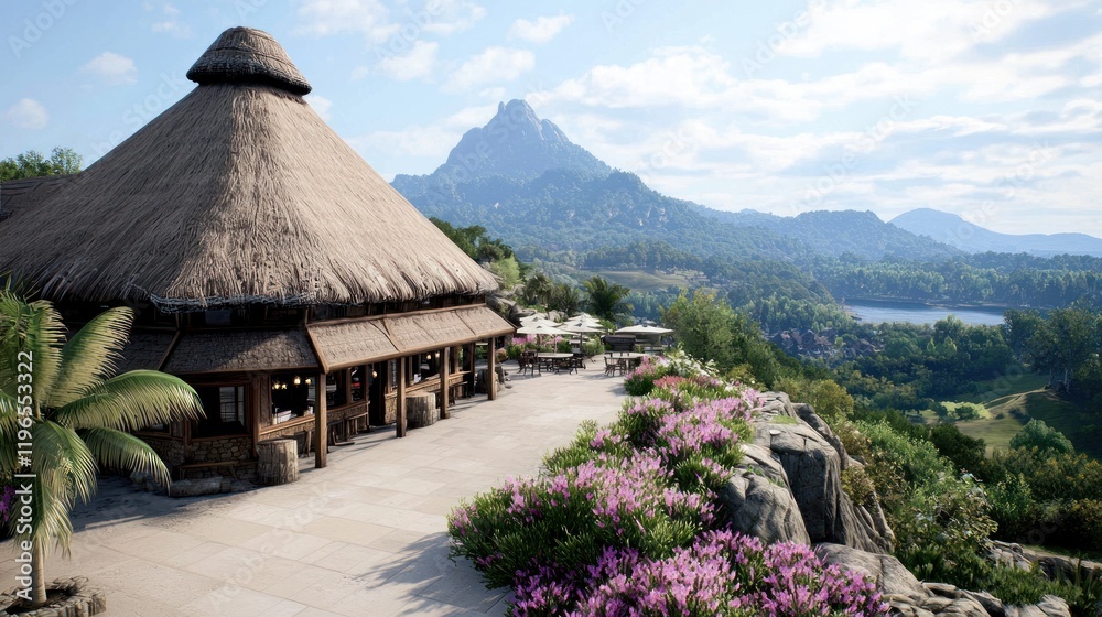 Scenic view of a thatched-roof building with mountains and flowers. Scenic view of a thatched-roof building with mountains and flowers.