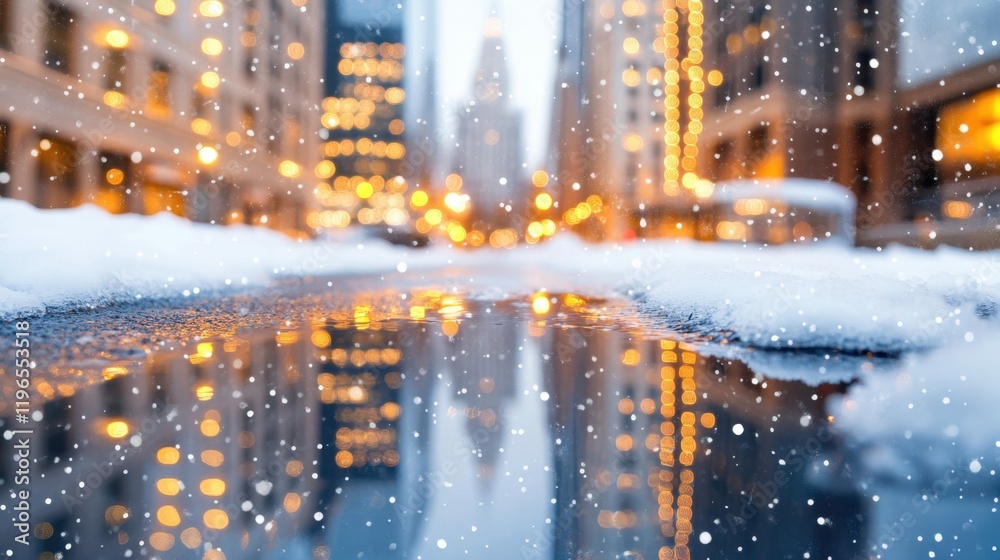 Bright winter cityscape with skyscraper reflections in icy puddle at night Bright winter cityscape with skyscraper reflections in icy puddle at night