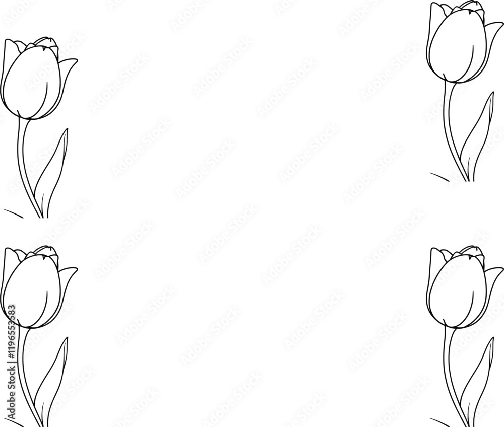 Simple tulip sketches, minimalist floral design, repeating pattern, black and white line drawing, botanical illustration, four tulips arranged symmetrically, clean graphic style, delicate flower outli Simple tulip sketches, minimalist floral design, repeating pattern, black and white line drawing, botanical illustration, four tulips arranged symmetrically, clean graphic style, delicate flower outli