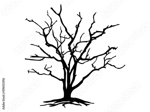 Black Branch Tree or Naked trees and root silhouettes. Hand drawn isolated illustrations.