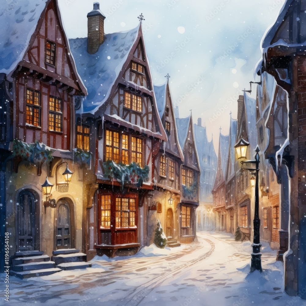 Naklejka premium A charming watercolor scene of a medieval village street at night during winter. Snow blankets the rooftops and cobblestone road, while warm lights glow from the windows, creating a magical and cozy a