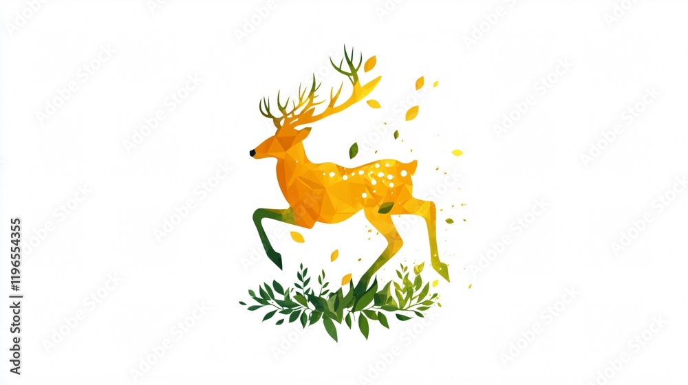 Fototapeta premium Geometric Deer in Motion: A low poly, minimalist illustration of a deer leaping amidst falling leaves, blending nature and modern art.