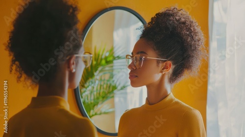 A person standing confidently in front of a mirror, reflecting self-respect and personal pride. photo