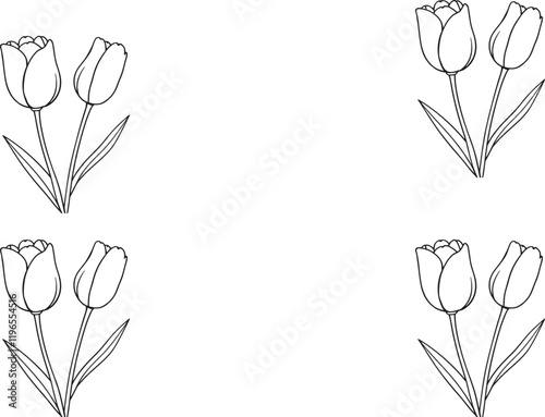 Simple tulip sketches, minimalist floral design, repeating pattern, black and white line drawing, botanical illustration, four tulips arranged symmetrically, clean graphic style, delicate flower outli