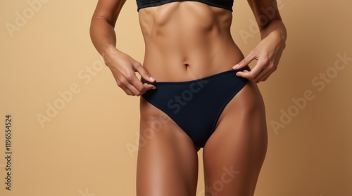 A close-up of a fit woman’s midsection, wearing an bikini set. She is gently pulling the side of her bikini bottom, showcasing smooth, healthy skin. Concept body confidence, health, and elegance.