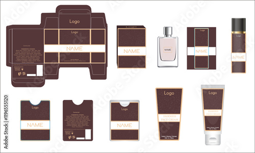 Packaging design, luxury perfume box, pocket perfume, deo design and face cream template and mock up box. Illustration vector.