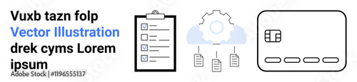 Digital dashboard with checklist, cloud gear, and credit card highlights business efficiency. Ideal for project planning, data management, cloud solutions, digital transactions, workflow