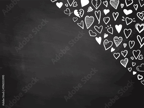 Diagonal corner heart border with white doodles on chalkboard background