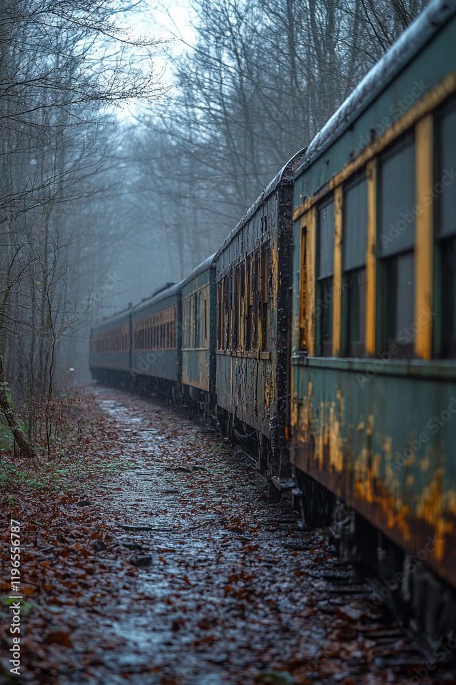 Rusty Train Car in a Foggy Winter Forest Rusty Train Car in a Foggy Winter Forest