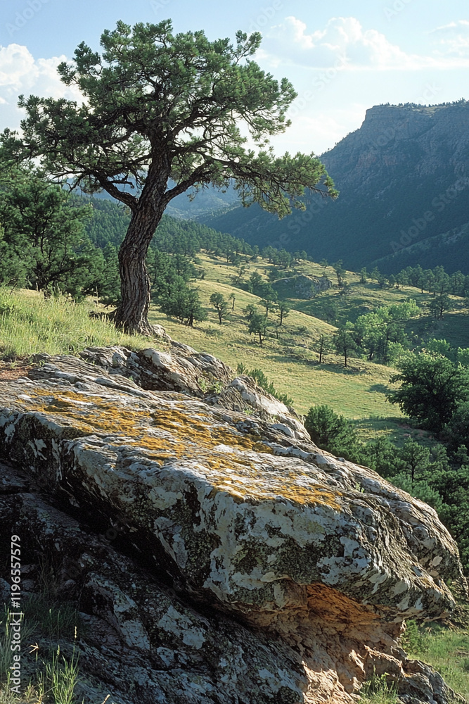 Fototapeta premium Lone Tree on Rocky Outcrop Overlooking Valley