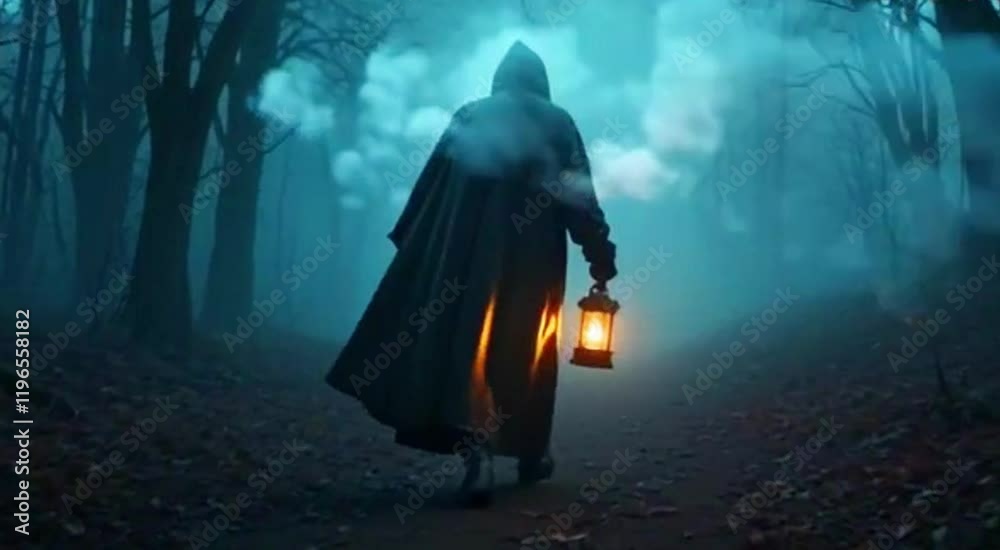Wizard walking through a mysterious deep jungle at dark night holding a glowing lantern illuminating the dense foliage and creating a magical and enchanting atmosphere filled with mystery and wonder
