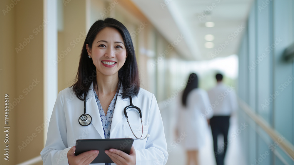 confident Asian female GP browsing complex case details on her tablet computer in a state-of-the-art hospital hallway. Healthcare professionals walk through the corridor, highlight confident Asian female GP browsing complex case details on her tablet computer in a state-of-the-art hospital hallway. Healthcare professionals walk through the corridor, highlight