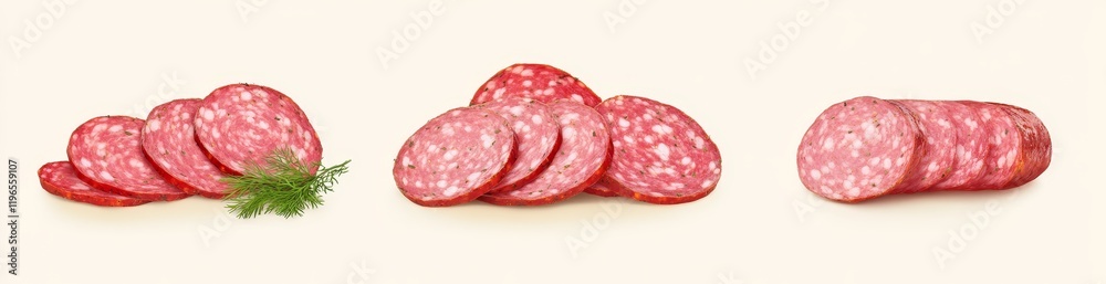 Three arrangements of sliced salami with dill. Three arrangements of sliced salami with dill.