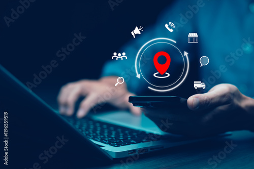 Man using laptop with virtual world and model map with location point , GPS app, icon Travel maps and find places in the online system, all screen graphics are generated,Searching for travel.