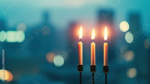 Abstract menorah with blurred cityscape for hanukkah celebration and art design photo