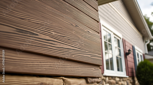 Close-up of Brown Wood Siding on a House Exterior. High-quality image showcasing the texture and design of the wood paneling, perfect for home improvement and real estate projects. photo