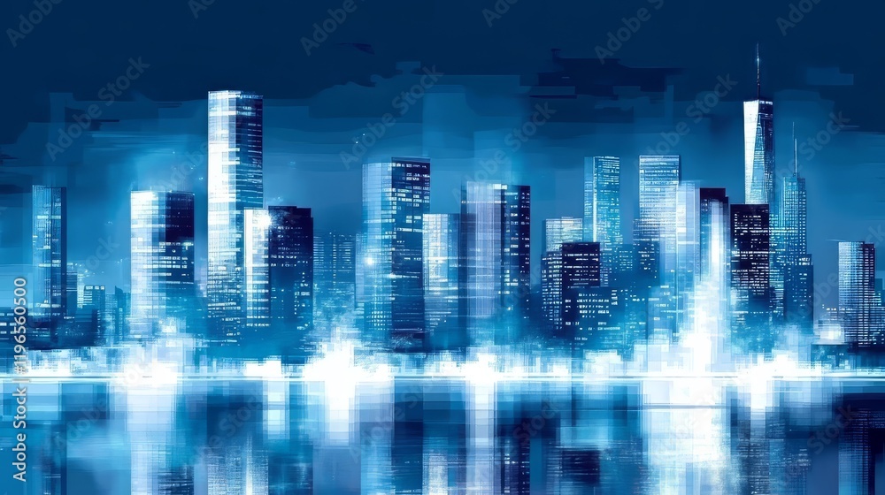 Obraz premium Futuristic city skyline at night with a blue hue reflecting on the water.