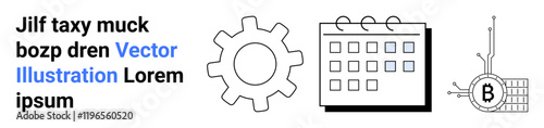 Gear for machinery and automation, calendar for scheduling and organization, bitcoin circuit for cryptocurrency and digital transactions. Ideal for tech blogs, business solutions, manufacturing