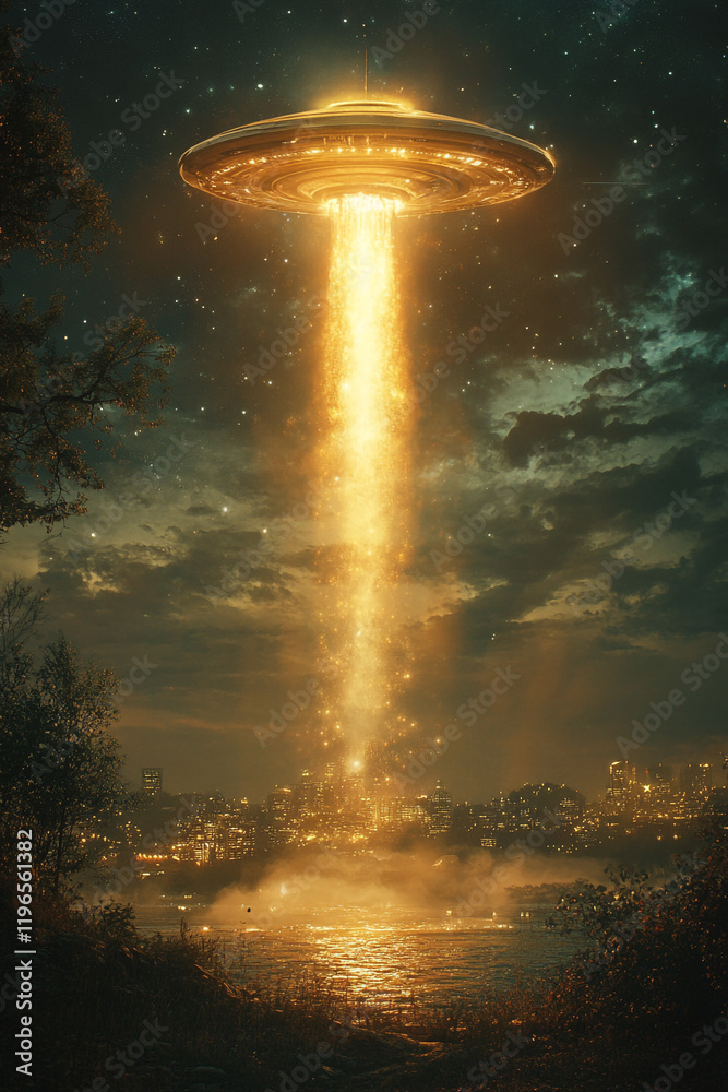 Obraz premium Golden UFO descends over glowing city night scene