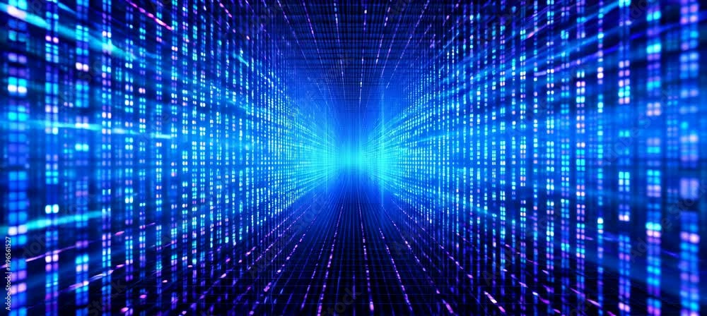 Tunnel portal virtual space technology background with matrix data flow. Fast speed motion effect. Generative video AI technology.