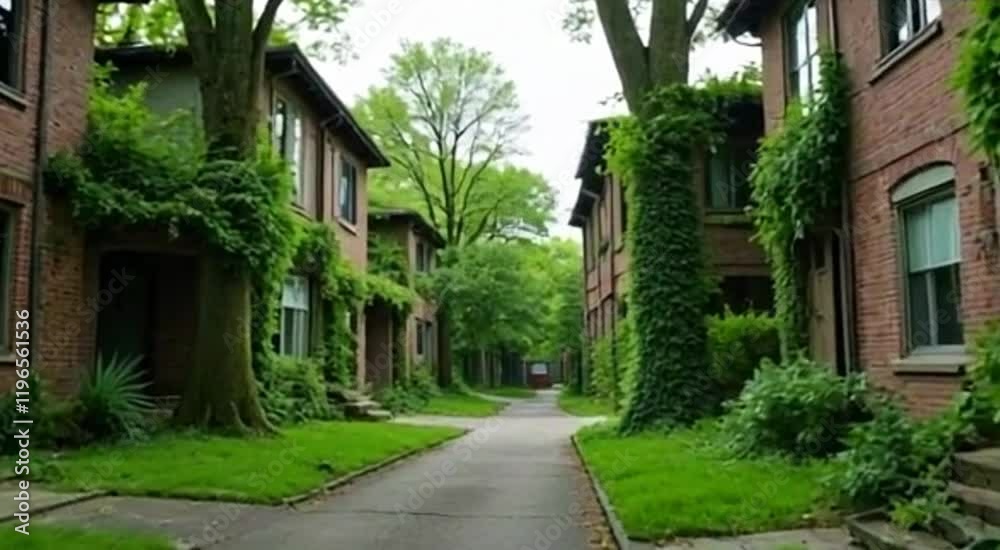 An urban neighborhood overtaken by nature with ivy-covered houses and trees growing through shattered roofs street in the old town An urban neighborhood overtaken by nature with ivy-covered houses and trees growing through shattered roofs street in the old town