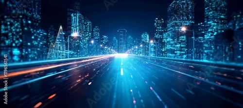 Virtual digital highway technology with city building. Fast speed motion effect. Generative video AI technology.	

