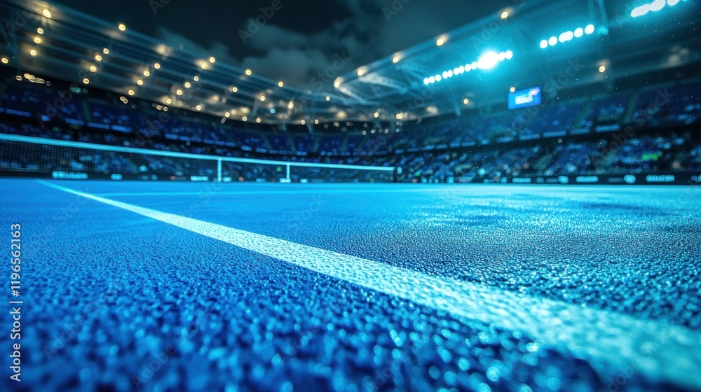 Naklejka premium Night Tennis Court Stadium: A Blue Oasis Under the Lights