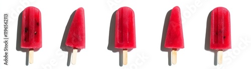 Five red popsicles in various states of being eaten, isolated on white background.