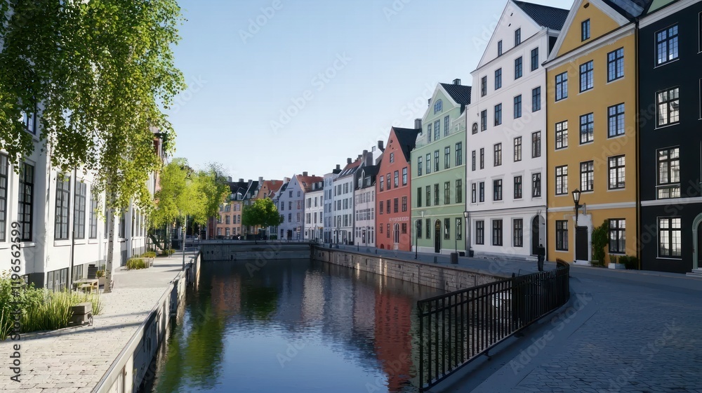 Obraz premium Colorful canal-side buildings, sunny day, peaceful waterfront