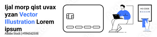 Credit card, person using a laptop, and a secure code entry screen for transactions. Ideal for online banking, secure payments, e-commerce, financial technology, cybersecurity, online shopping user
