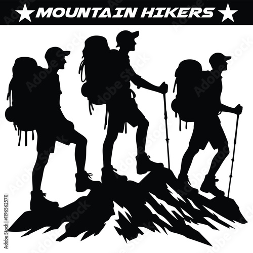 Mountain hikers silhouette isolated on a white background