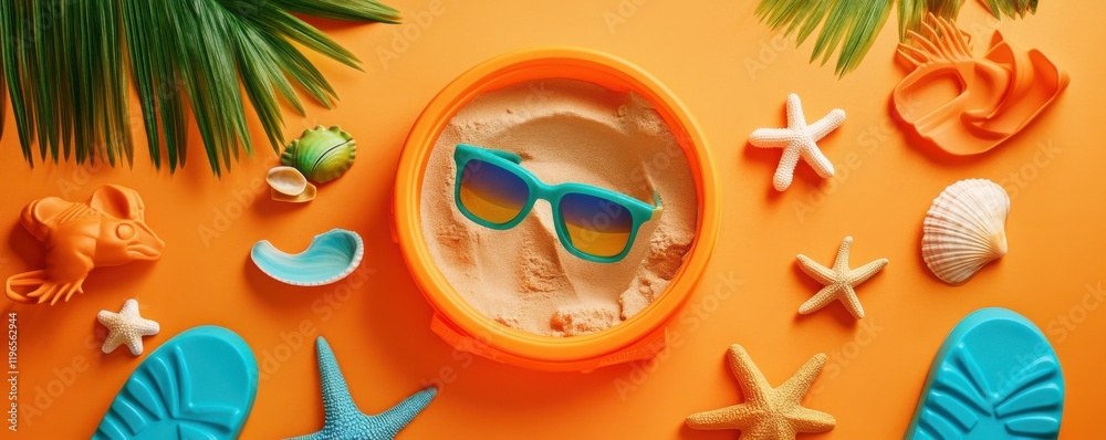 Child's summer adventure depicted through top view of sand playset, trendy sunglasses, adorable slippers, seashell, starfish, and palm leaves on a lively orange surface, ideal for advertising space Child's summer adventure depicted through top view of sand playset, trendy sunglasses, adorable slippers, seashell, starfish, and palm leaves on a lively orange surface, ideal for advertising space