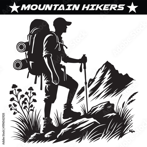Mountain hikers silhouette isolated on a white background