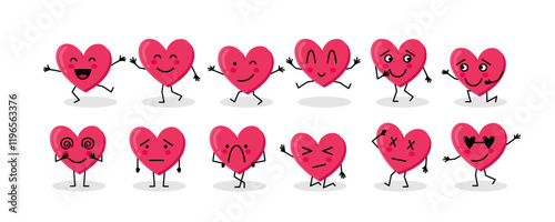 Heart Characters with Different Emotions Collection. Emoji Heart Shape with Cute Faces Set.