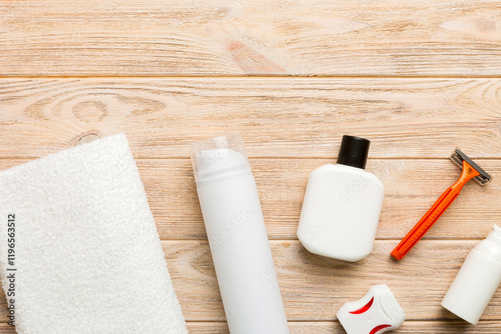 Naklejka premium Composition with bath cosmetics on table. razor, toothpaste, soap, gel, toothbrush, mouthwash and other various accessories. Cosmetics for skin health. Bath Mockup for your logo