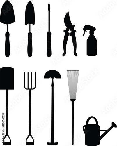 set of gardening tools silhouette illustration