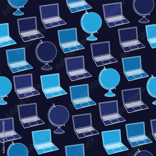Pattern Object globe and laptop with theme color blue
