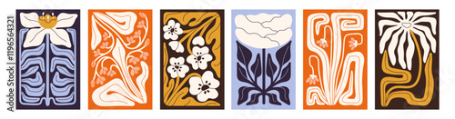 Set of colored posters with irregular floral shapes. Strange flowers with crooked leaves on postcards. Designs of wall art, cards with twisted bloom plants, wildflowers. Flat vector illustrations