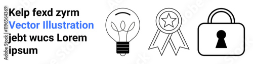 Lightbulb representing innovation, award ribbon symbolizing achievement, and padlock indicating security. Ideal for technology, business success, personal growth, safety, creativity, recognition